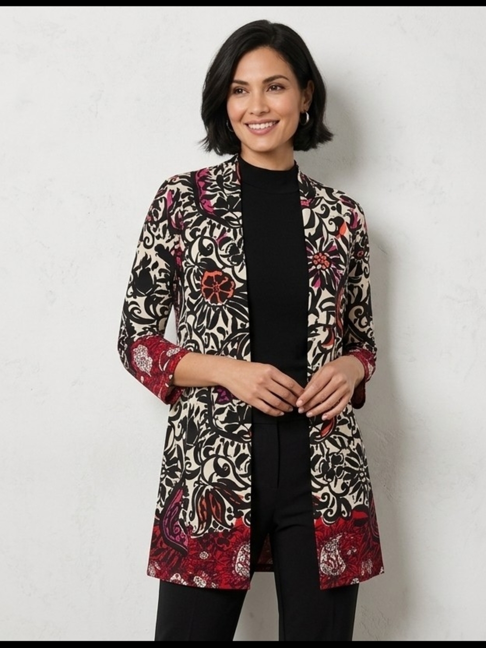 Chico's Travelers Blk White Coral Pink Floral Paisley Cardigan Kimono Jacket 3